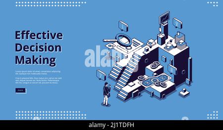 Effective decision making banner. Concept of choose right way in business, job or life. Vector landing page with isometric illustration of confused ma Stock Vector