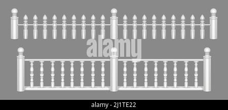 Marble balustrade, white balcony railing or handrails. Banister or fencing sections with decorative pillars. Panels balusters for architecture design Stock Vector