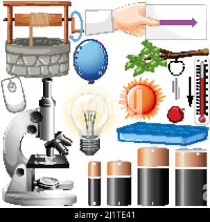 Different science equipments on white background illustration Stock Vector