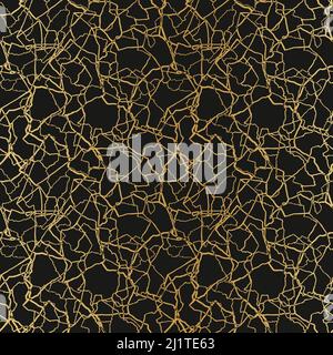 kintsugi art seamless pattern with gold thin lines and abstract shards on dark luxury background. Stock Vector