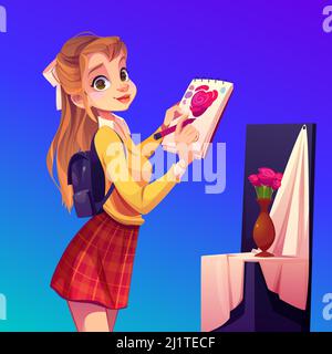 Artist girl paint flowers in vase. Painter young woman in teenage clothes and rucksack on back holding pencil and sketchbook with rose blossom sketch. Stock Vector