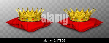 Gold royal crown for king and queen on red pillow. Vector realistic luxury golden corona with gems, medieval diadem for prince, princess or emperor on Stock Vector