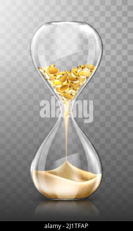 Time is money, hourglass with falling gold coins turn into sand isolated on transparent background. Glass clock, finance success, patience, business c Stock Vector