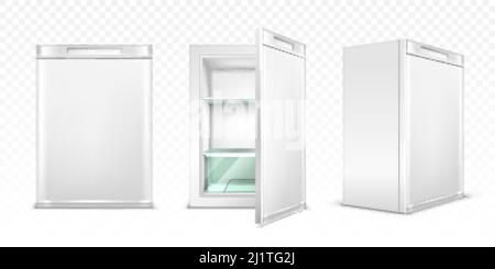 Mini refrigerator, empty white kitchen fridge with close and open door for fresh food or drinks. Realistic 3d vector cooler with glass shelves front a Stock Vector