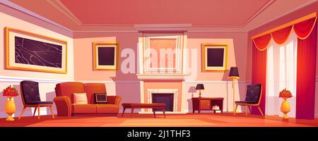 Old luxury living room interior with sofa, armchairs and marble fireplace. Vector cartoon illustration of empty lounge in classic style with red curta Stock Vector