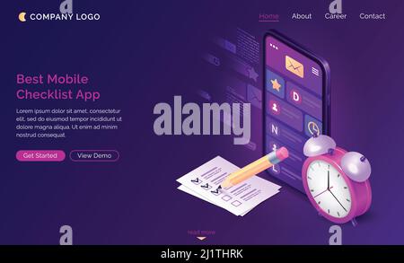 Checklist isometric landing page, pen put mark on check list document at smartphone with message mobile app on screen and alarm clock. Online survey, Stock Vector