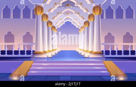 Castle corridor with staircase, columns and arches. Palace entrance with pillars and illumination. Medieval building architecture design, empty ball r Stock Vector