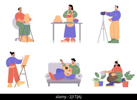 People doing different hobbies, music, cooking, sculpture, painting, making  movie and gardening. Vector flat illustration of men play guitar, with cam  Stock Vector Image & Art - Alamy