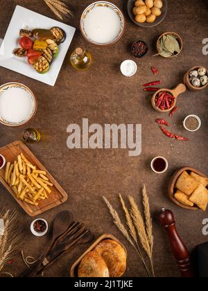 Food decorated brown textured rough background Stock Photo