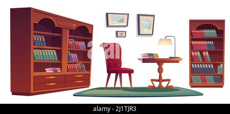 Library vip interior set with bookcases, chair, desk and lamp. Vector cartoon set of old luxury furniture in home library or office with wooden booksh Stock Vector