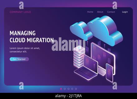 Digital data migration isometric landing page, cloud computing, media server, saas service for private information and files storage, gadgets connecte Stock Vector