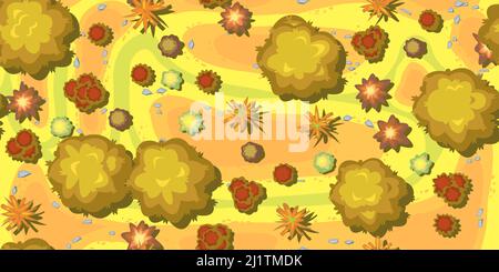 Autumn landscape top view. Scene with yellow and orange trees and bushes from height. Above countryside. Cartoon style illustration. Seamless pattern Stock Vector
