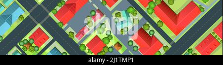 Streets of city. Top View from above. Small town house and road. Horizontal background image. Map with roads, trees and buildings. Modern car. Cartoon Stock Vector