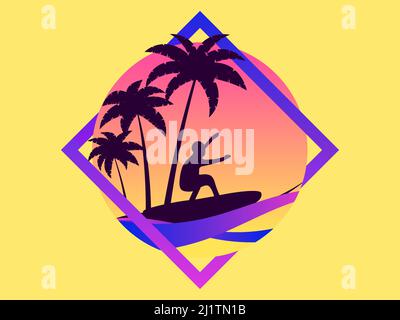 Summer time. Palm trees and a surfer against the background of the sun in a frame. Gradient sun. Tropical palm trees in 80s retro style for brochures, Stock Vector