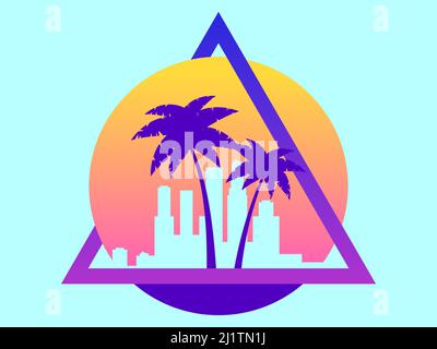 Palm trees on the background of the urban landscape in a triangular frame with a retro sun in the style of the 80s. Summer time. Design of advertising Stock Vector