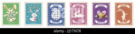 Set of Easter postal stamps, bunnies, eggs, retro graphic. Vintage collection Stock Vector