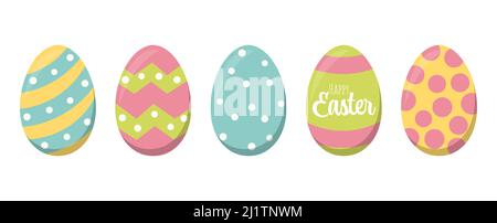 eps vector illustration of simple painted easter eggs with different colors and patterns and easter time greetings Stock Vector