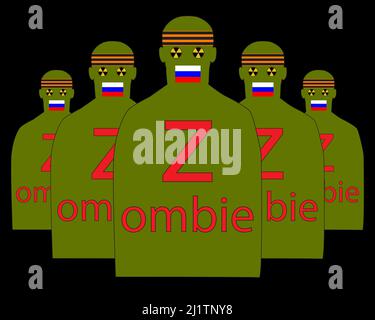 Silhouettes of Russian soldiers in front of their eyes, nuclear badges on their heads, a St. George ribbon and a Russian flag covering their mouths. Stock Vector