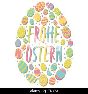 eps vector illustration of painted easter eggs with different colors combined to form a large egg and easter time greetings (german text) on white bac Stock Vector