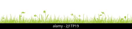 eps vector panorama seamless illustration for spring, easter time or nature concepts. Happy fresh background with green silhouette of grass and flower Stock Vector