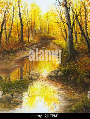 Original  oil painting of beautifl autumn landscape, forest,mountains  and river  on canvas.Modern Impressionism, modernism,marinism Stock Photo