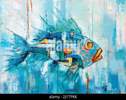 Original oil painting showing abstract fish on canvas. Modern Impressionism, modernism,marinism Stock Photo