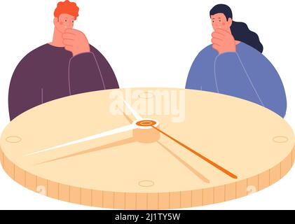 Man and woman look on giant clock. Lifetime metaphor, hours and seconds. Thoughtful office people waiting deadline, time and person vector concept Stock Vector