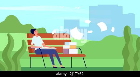 Tired student with book sleep on bench in city park. Flying paper sheets, books and dreaming reading girl. Summer outdoor time vector scene Stock Vector