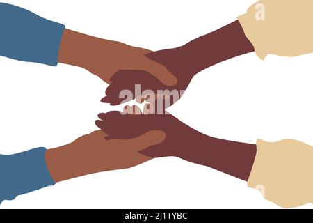 African American people holding hands. Helping each other, bonding. Romantic couple partnership. Illustration isolated on a white background. Close-up. Stock Vector