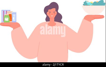 Vitamins in food or in pills. Healthcare, good mood and health. Choose right meal. Medications vs vegetables and fruits. Happy woman hold dish with Stock Vector