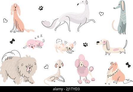 Doodle cute puppy. Active dog painting, dogs different poses. Hand drawn animals, flat design baby pets. Funny puppies play, nowaday vector characters Stock Vector