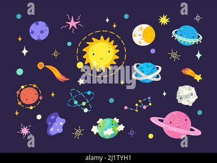 Flat cartoon universe. Space planets and moon, solar system and neptune. Colorful comets, stars, cute doodle childish astrology nowaday vector Stock Vector