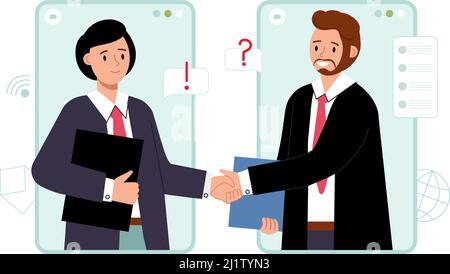 Online business agreement. Deal with sponsor, close project contract. Investor and manager remote handshake. New start up, digital sponsorship decent Stock Vector