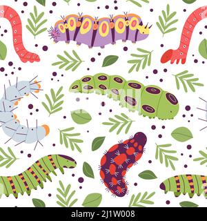 Caterpillar print. Insect caterpillars background, spring garden wildlife. Isolated nature elements, leaves and bugs decent vector seamless pattern Stock Vector