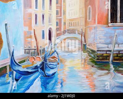 Oil painting, gondola in Venice, beautiful summer day in Italy Stock Photo