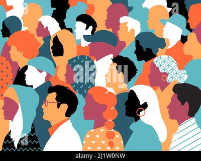 Ethnic group of people profiles illustration. Many faces o people of all races, divers people profile view of men and women, many races, ages. Vector. Stock Vector