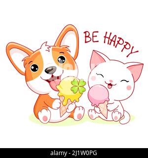 Cute summer card in kawaii style. Little friends - corgi puppy and kitty with ice cream. Inscription Be happy. Can be used for t-shirt print, stickers Stock Vector