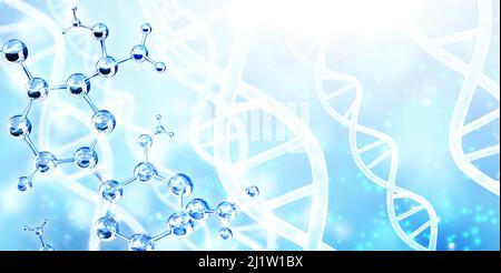 Horizontal banner with abstract molecular structure, DNA and copy space for text. Genetic engineering, GMO, gene manipulation concept. Hi Tech technol Stock Photo