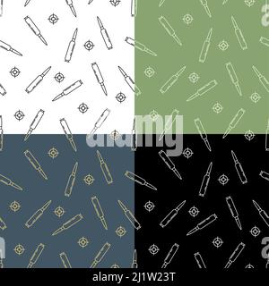 set of seamless patterns with automatic weapon bullet. Soldier weapon. Ornament for decoration and printing on fabric. Design element. Vector Stock Vector