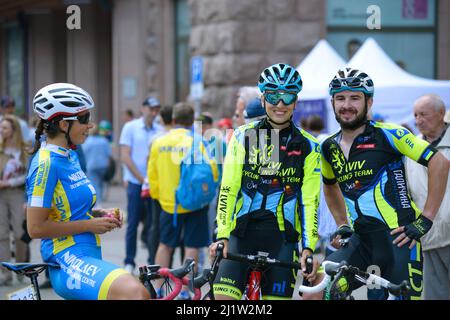 Group of cyclists waiting for the start on the start line. Cycle race among amateurs devoted to Day of Kiev. May 25, 2019. Kiev, Ukraine Stock Photo