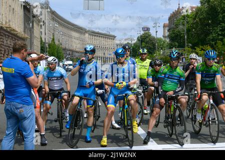 Group of cyclists waiting for the start on the start line. Cycle race among amateurs devoted to Day of Kiev. May 25, 2019. Kiev, Ukraine Stock Photo