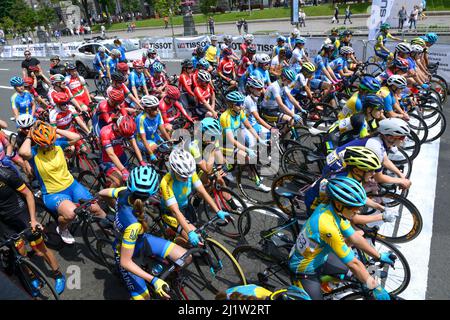 Group of cyclists waiting for the start on the start line. Cycle race among amateurs devoted to Day of Kiev. May 25, 2019. Kiev, Ukraine Stock Photo