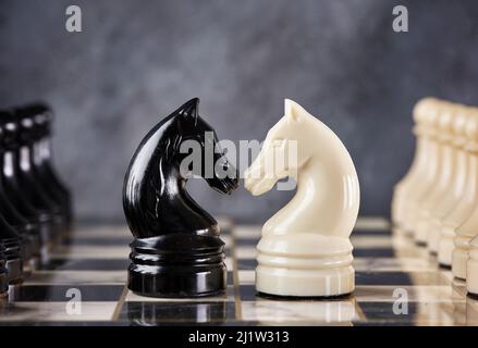 White and black chess knights confronting on the chessboard. Business strategy, competition, challenge or disagreement concept. Stock Photo