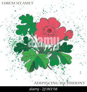 Bush of flowers on white background. Drawn pink hibiscus flowers and green foliage, artistic vector illustration. Floral botanical trendy pattern with Stock Vector