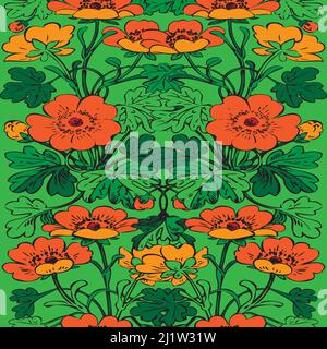 Bush of flowers on green seamless background. Drawn red hibiscus flowers and foliage, artistic vector illustration print. Floral botanical trendy patt Stock Vector
