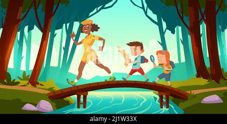 Hikers walk over bridge crossing river in forest. Vector cartoon illustration with scouts kids with map and backpacks and woman teacher in wood with t Stock Vector