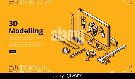 3D modelling banner. Software for digital render object, development design for print. Vector landing page with isometric model on computer screen and Stock Vector