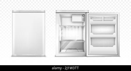 Small refrigerator with open and closed door. Vector realistic mockup of empty mini fridge for kitchen or restaurant. White cooler equipment in front Stock Vector