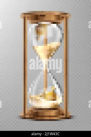 Sand hourglass in wooden frame with gravestones inside. Concept of short life. Vector realistic sand clock, glass timer with flowing grains and tombst Stock Vector