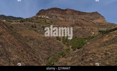 Beautiful landscape of the west of island Gran Canaria, Spain with country road GC-210 below rugged mountains and a small forest of palm trees. Stock Photo